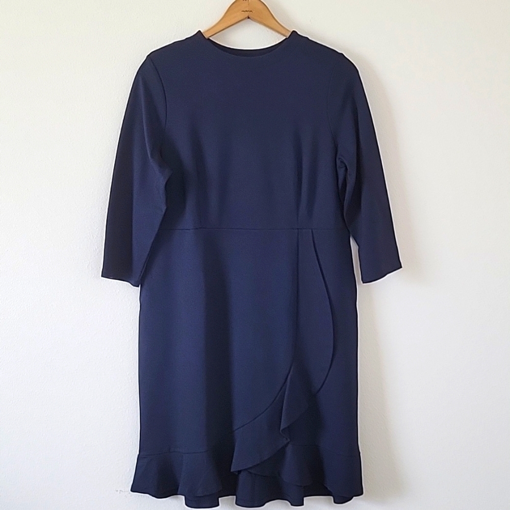 J Jill Navy Blue Ponte Ruffle Wrap Dress Size Medium Petite MP - Picture 2 of 10